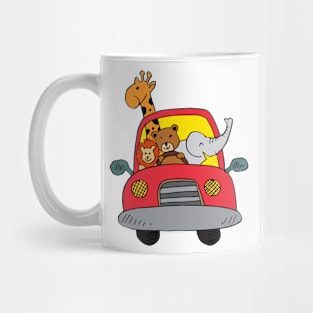 Cute animals in car on road. Mug